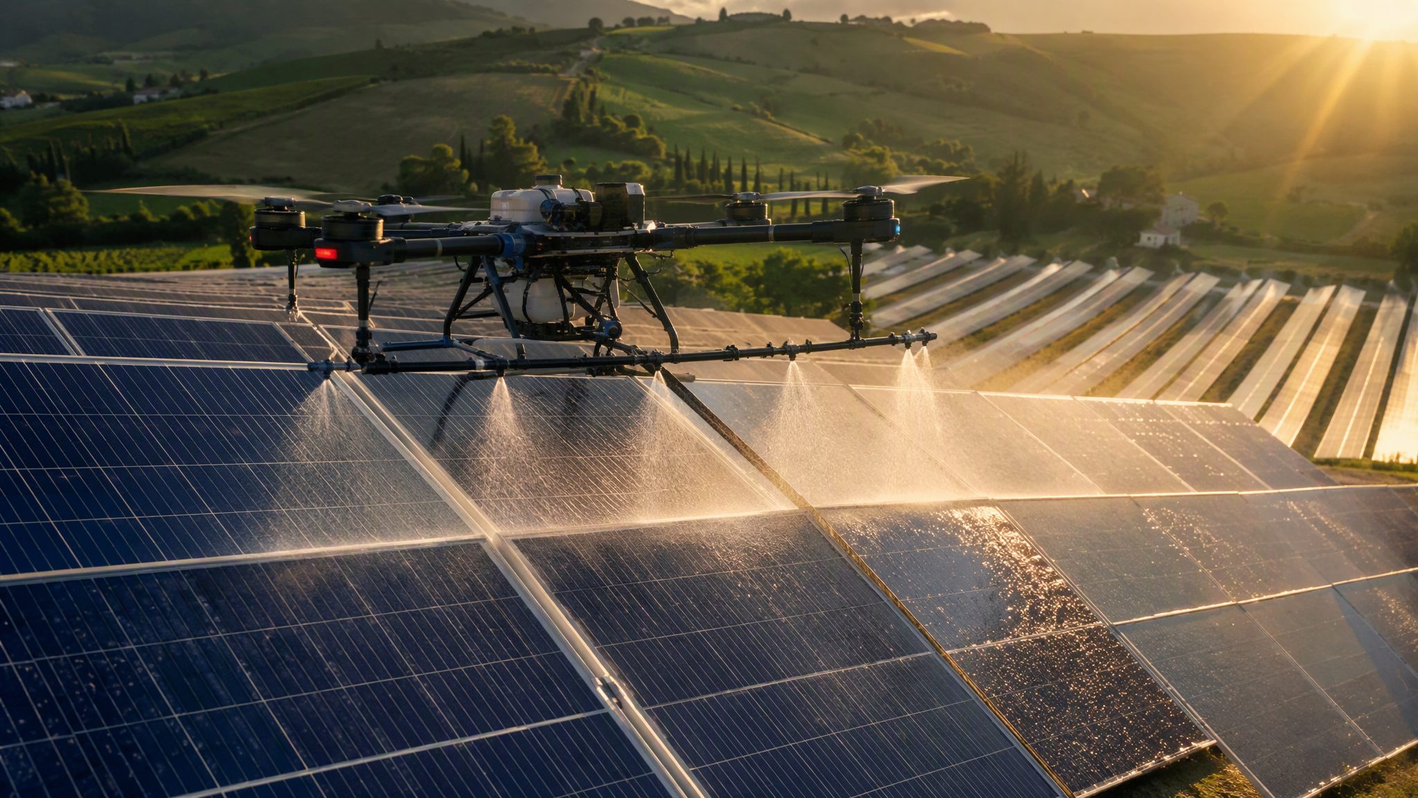 Drone che lava i pannelli di un campo fotovoltaico