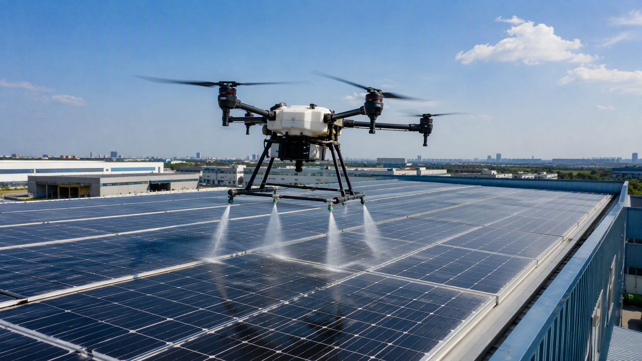 Drone in volo sopra il tetto fotovoltaico di un capannone