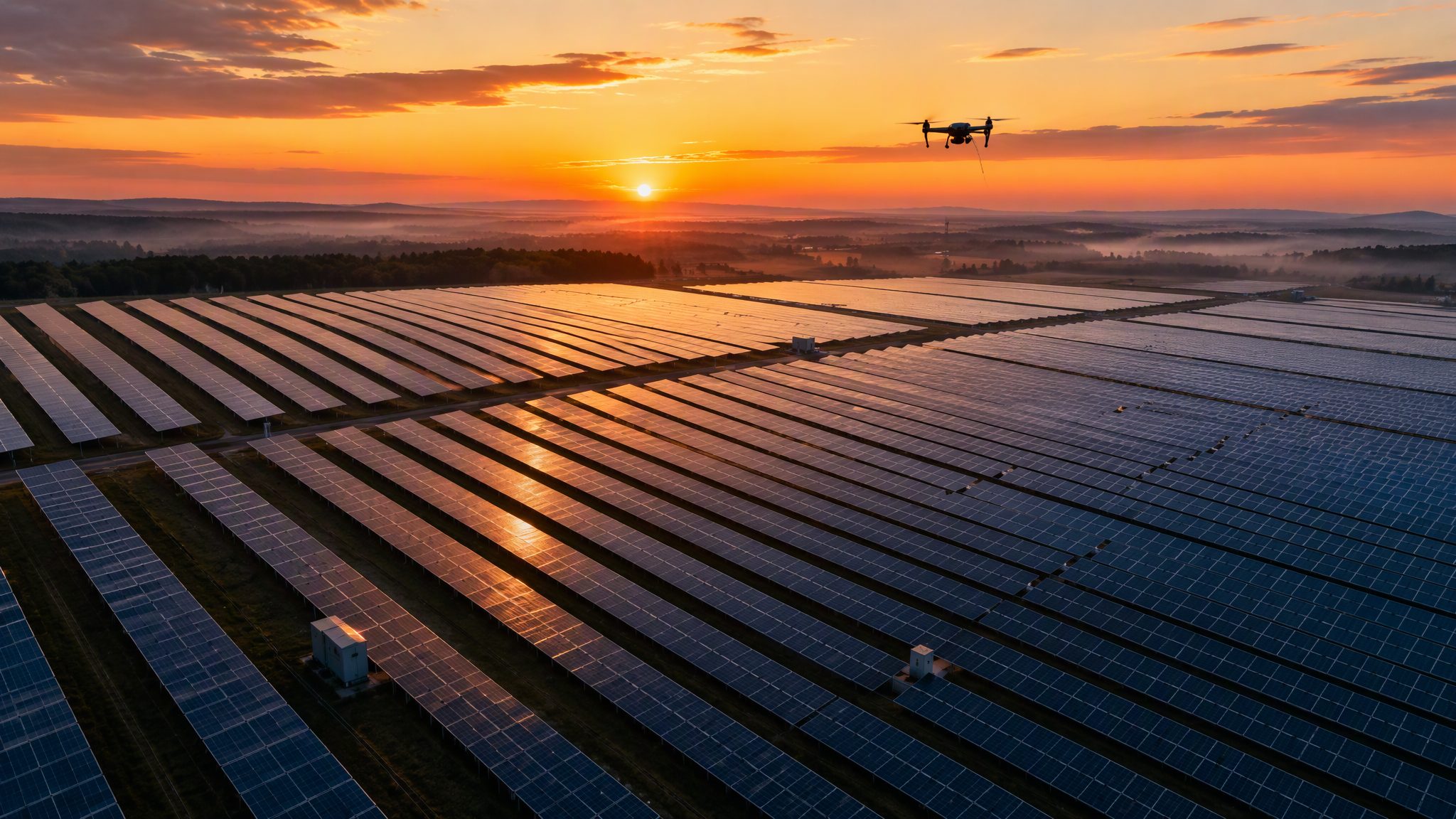 Campo fotovoltaico al tramonto con drone in volo