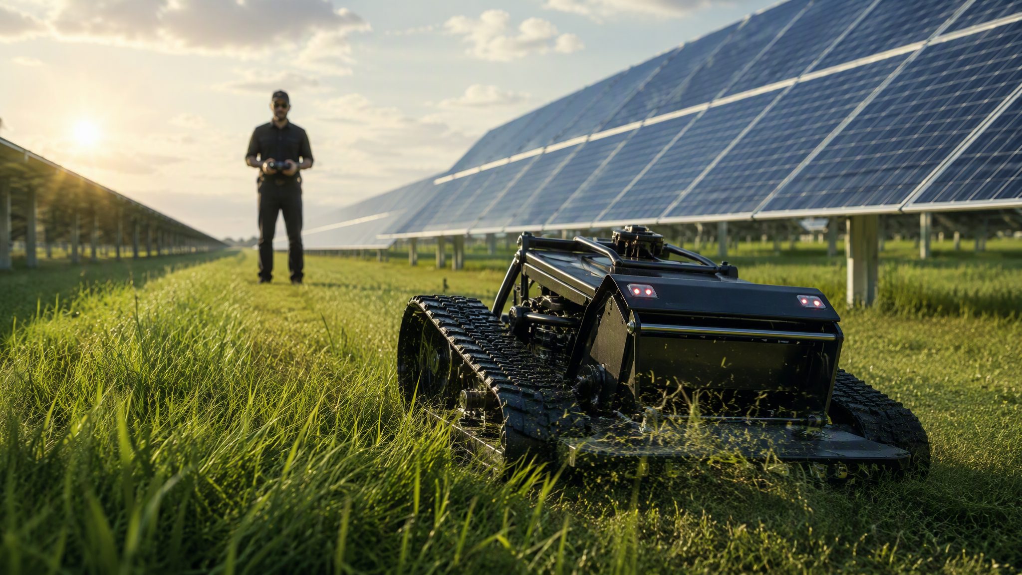 Robot tagliaerba radiocomandato al lavoro in un campo fotovoltaico