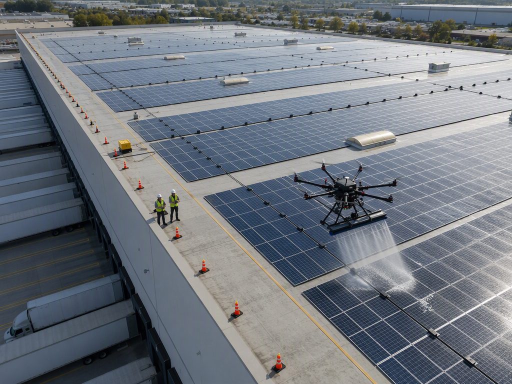 Pulizia drone su tetto di centro logistico