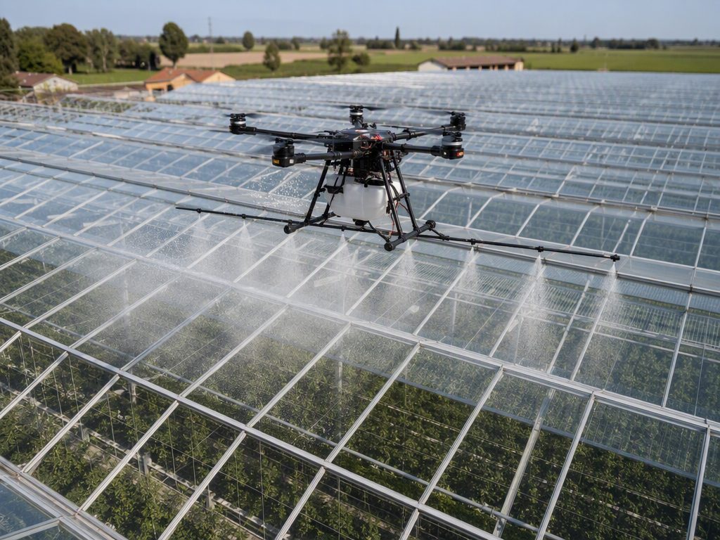 Drone che pulisce la copertura di una serra fotovoltaica