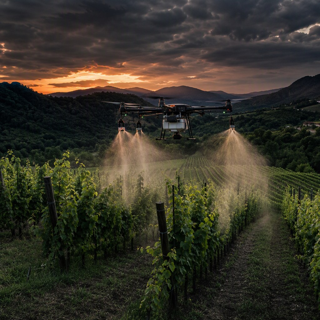 Drone che esegue un trattamento fitosanitario su un vigneto collinare
